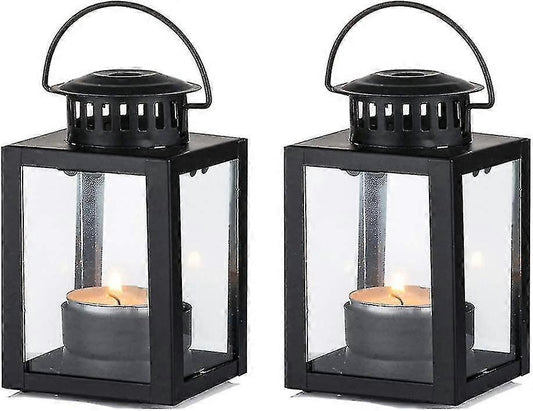 Lanterns for candles, garden lanterns, hanging small lanterns in vintage style for tea lights, Blue Light Tea Light Holder for Indoor and Outdoor, 2 pcs, black 2pcs Black