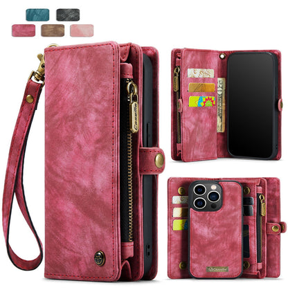 Detachable 2-in-1 Wallet Case for iPhone16, Samsung with Card Holder, Retro Premium Flip Leather Case Magnetic Zipper Pocket Mobile Phone Case Dark Pink iPhone16 Plus