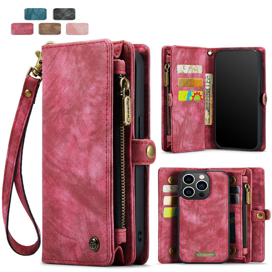 Detachable 2-in-1 Wallet Case for iPhone16, Samsung with Card Holder, Retro Premium Flip Leather Case Magnetic Zipper Pocket Mobile Phone Case Dark Pink iPhone16 Plus