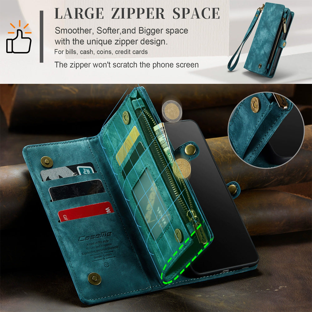 Detachable 2-in-1 Wallet Case for iPhone16, Samsung with Card Holder, Retro Premium Flip Leather Case Magnetic Zipper Pocket Mobile Phone Case Dark Pink iPhone16 Plus
