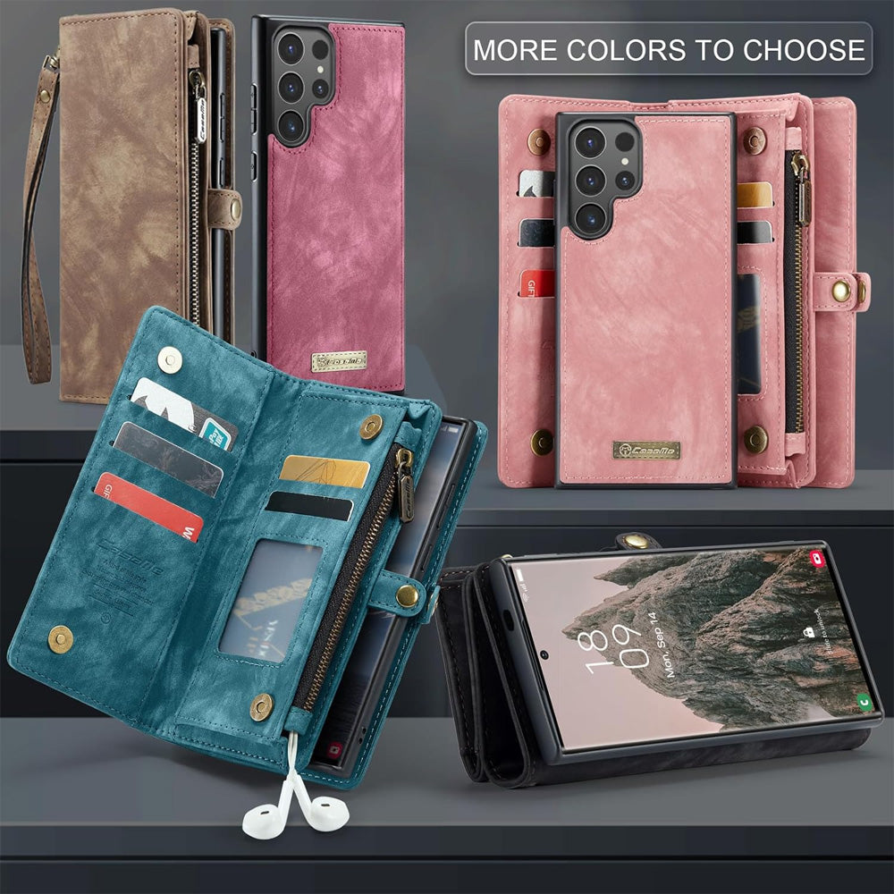 Detachable 2-in-1 Wallet Case for iPhone16, Samsung with Card Holder, Retro Premium Flip Leather Case Magnetic Zipper Pocket Mobile Phone Case Dark Pink iPhone16 Plus