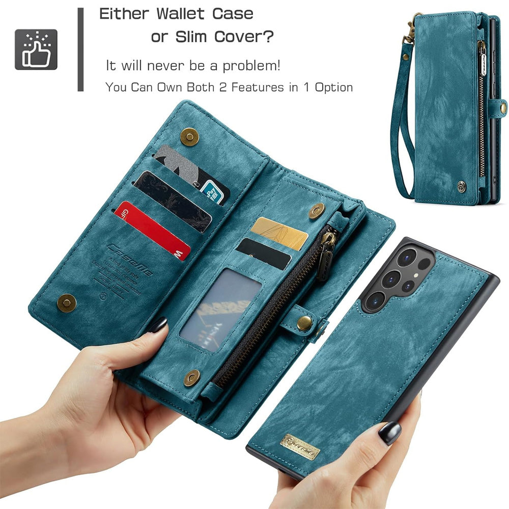 Detachable 2-in-1 Wallet Case for iPhone16, Samsung with Card Holder, Retro Premium Flip Leather Case Magnetic Zipper Pocket Mobile Phone Case Dark Pink iPhone16 Plus