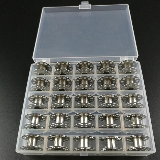 25 Bobbins for Sewing Machine Silver, with Storage Box