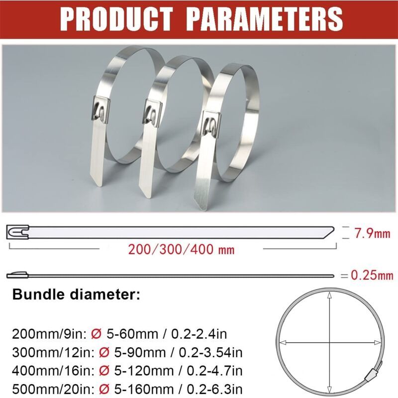 100 Pack Stainless Steel Metal Zip Ties Heavy Duty Silver 120kg Strength, 500 x 7.9mm