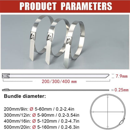100 Pack Stainless Steel Metal Zip Ties Heavy Duty Silver 120kg Strength, 500 x 7.9mm