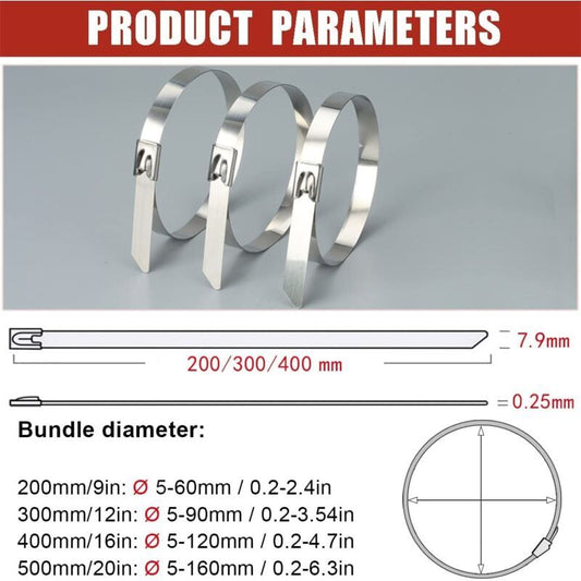 100 Pack Stainless Steel Metal Zip Ties Heavy Duty Silver 120kg Strength, 500 x 7.9mm