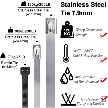 100 Pack Stainless Steel Metal Zip Ties Heavy Duty Silver 120kg Strength, 500 x 7.9mm