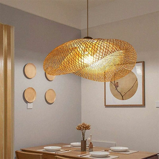 E27 Bamboo Rattan Pendant Light Vintage Adjustable Woven Chandelier for Dining Office Cafe, 40cm