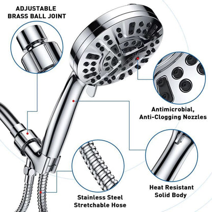Square Shower Head with Hose Chrome 10 Mode Adjustable High Pressure Hand Shower, 1.5M Hose