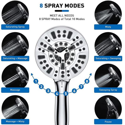 Square Shower Head with Hose Chrome 10 Mode Adjustable High Pressure Hand Shower, 1.5M Hose