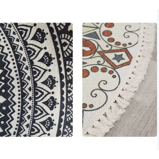 Rug Living Room Round Rug Cotton Hand Woven Mandala Pattern Bohemian Vintage Style Rug with Tassels Machine Washable Hallway Living Room Coffee