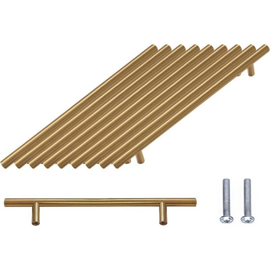 10 Pieces T Bar Handle, Pack Cabinet Door Brushed Stainless Steel Hardware for Kitchen Cabinets Pull Handle Hole Centers Gold, 96mm