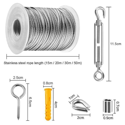 Stainless Steel Rope Hanging Kit, Nylon Coated Stainless Steel Cable, PVC Steel Cable Tensioner, for Tent Rope, Clothesline, Outdoor Chandelier, 30m