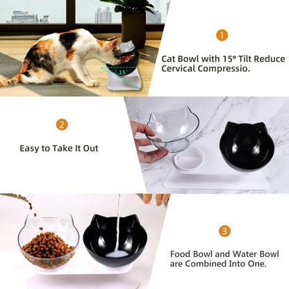 Double Cat Bowl, Cat Bowl, 15 Tilt Double Raised Cat Bowl, Double Bowl Pet Feeder with Raised Stand for Cats and Small Dogs