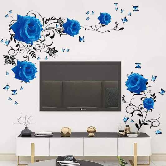 Wall Decal, Blue Rose Wall Stickers Blue Peony Floral Wall Decor Vinyl Wall Art for Bedroom TV Wall Decor