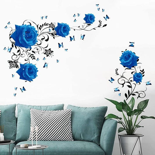 Wall Decal, Blue Rose Wall Stickers Blue Peony Floral Wall Decor Vinyl Wall Art for Bedroom TV Wall Decor