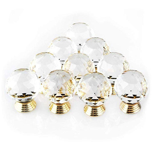 10 Pack Handle Door Knob Diameter Crystal Gold, Cabinet Knobs Mant Round Glass Knobs Decoration for Furniture Drawer, 30mm
