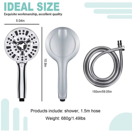 High Pressure Handheld Shower Head with 8 Spray Settings and 2 Spray Modes with Stainless Steel Hose, 1.5m