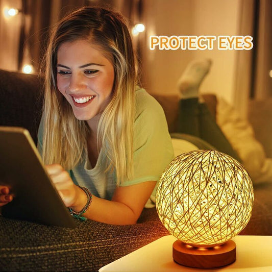 Rattan Night Light, Wooden Table Lamp with Handwoven Shade, USB Rechargeable, Rattan and Wood Bedroom Mood Lamp for Bedroom, Living Room, White