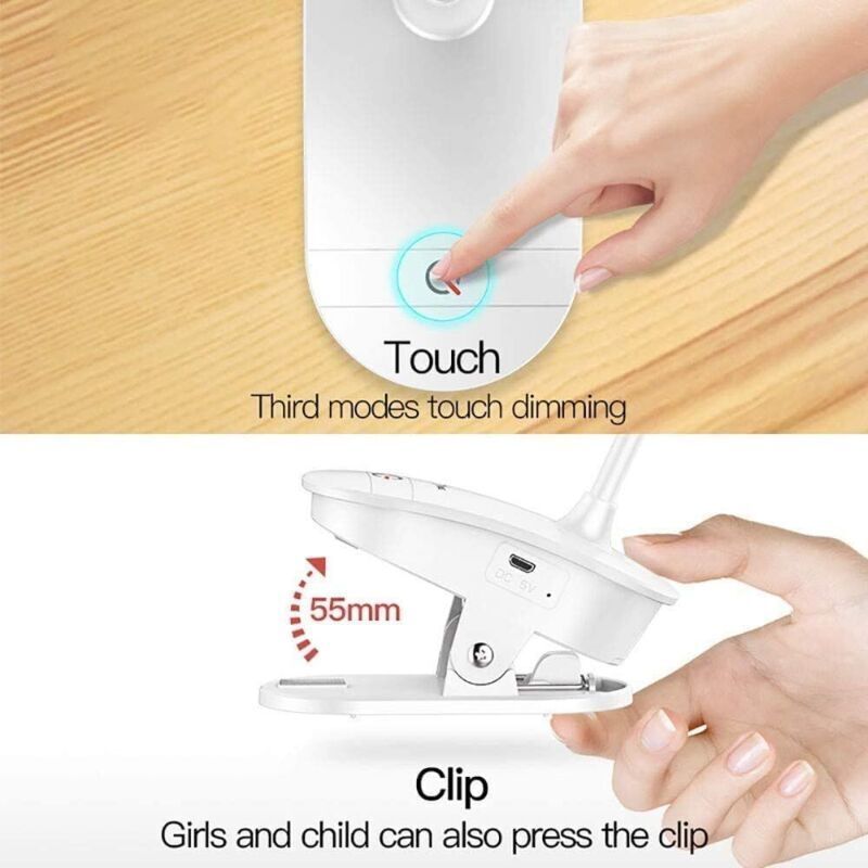 Battery-Powered Clip-on Reading Light for Bed, with 3 Brightness Levels, Rechargeable Via USB