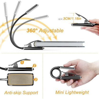 Rechargeable Reading Light, 9 LED Clip-on Reading Lamp, Stepless Dimming and 3 Eye Protection Modes, Cold and Warm White, 360 Degree Flexible Neck