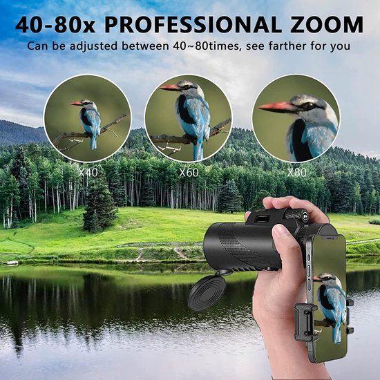 HD Monocular Telescope With BAK4 Prism, Phone Holder And Tripod, Black, 80 x 100, 165 x 53 mm