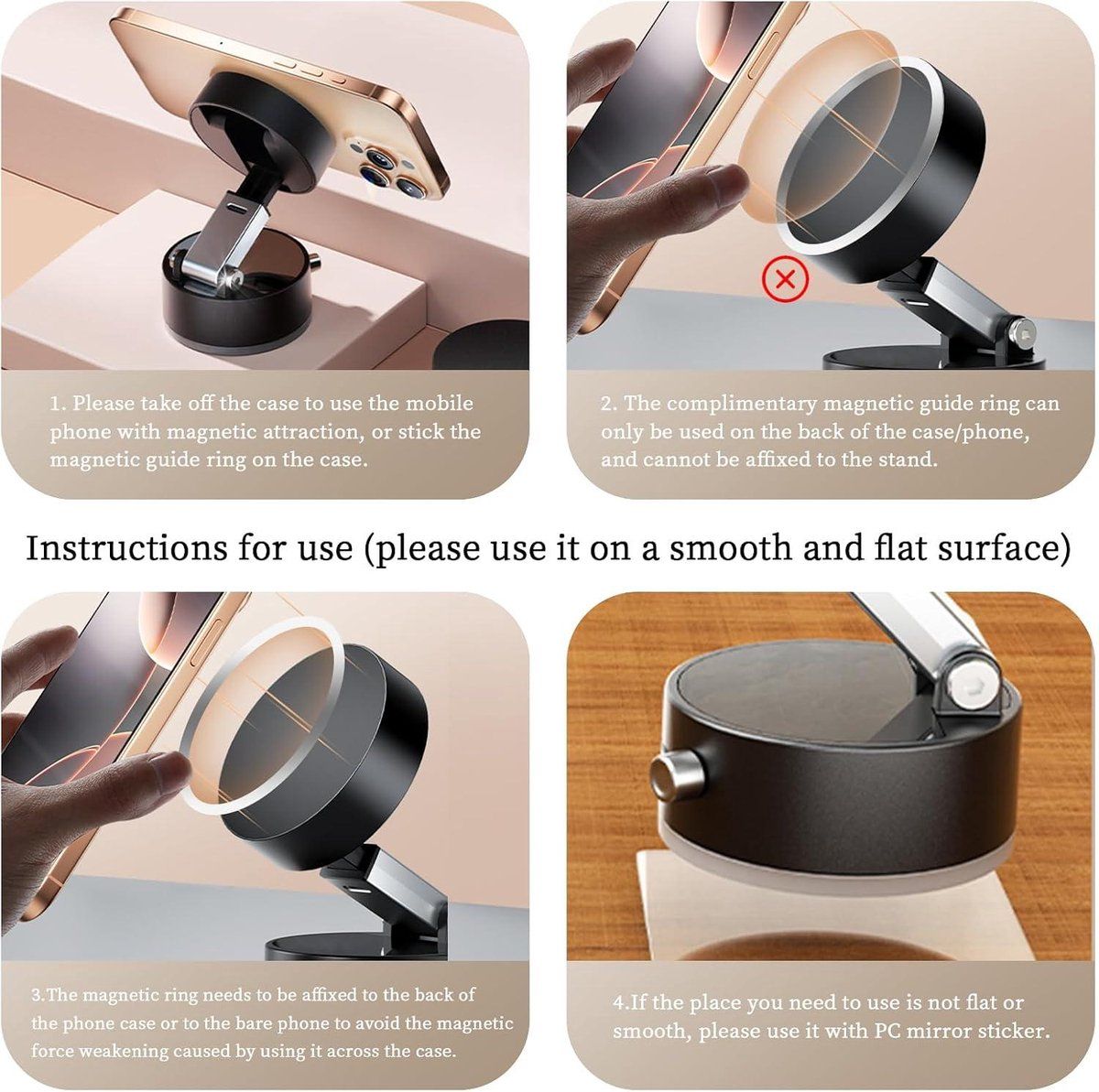 Vacuum Magnetic Phone Holder With Twist Lock Suction Cup, Foldable 360 Swivel Adjustable Stand For Car Gym Kitchen Bathroom Desk, Black