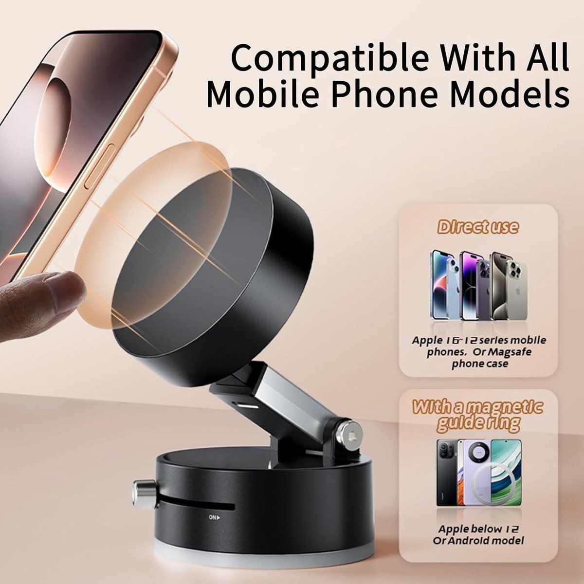 Vacuum Magnetic Phone Holder With Twist Lock Suction Cup, Foldable 360 Swivel Adjustable Stand For Car Gym Kitchen Bathroom Desk, Black