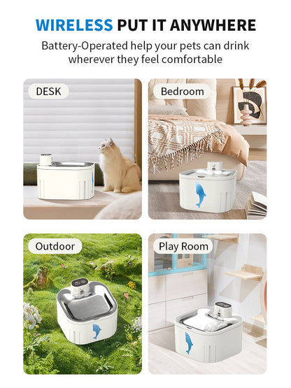 U7 Cat Water Fountain Waterer 3L/101oz, Wireless & USB Rechargeable Pet Water Fountain with 304 Stainless Steel Lid, Smart Infrared Motion Sensor Automatic Pet Water Dispenser, Ultra Quiet Pump, Detachable Easy Clean