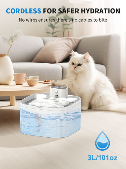 U7 Cat Water Fountain Waterer 3L/101oz, Wireless & USB Rechargeable Pet Water Fountain with 304 Stainless Steel Lid, Smart Infrared Motion Sensor Automatic Pet Water Dispenser, Ultra Quiet Pump, Detachable Easy Clean