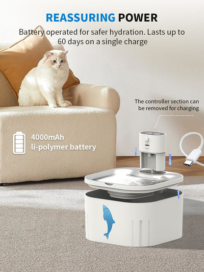 U7 Cat Water Fountain Waterer 3L/101oz, Wireless & USB Rechargeable Pet Water Fountain with 304 Stainless Steel Lid, Smart Infrared Motion Sensor Automatic Pet Water Dispenser, Ultra Quiet Pump, Detachable Easy Clean