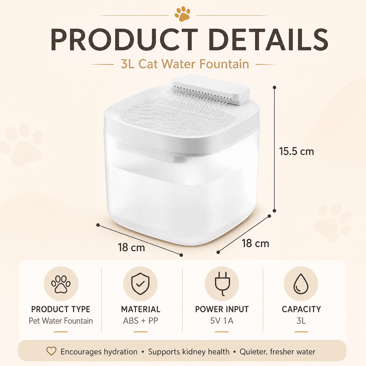 White Cat Water Fountain 3L, Wired Pet Water Dispenser for Cats & Small Dogs, Waterfall-Style Quiet Drinking Fountain with Filter, Easy-Clean ABS+PP Bowl, 5V 1A
