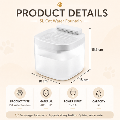 Black Cat Water Fountain 3L, Wired Pet Water Dispenser for Cats & Small Dogs, Waterfall-Style Quiet Drinking Fountain with Filter, Easy-Clean ABS+PP Bowl, 5V 1A
