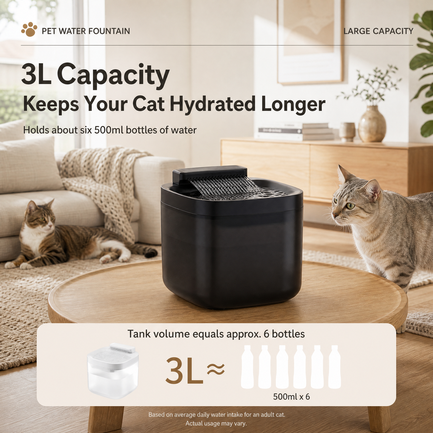 Black Cat Water Fountain 3L,6 Filter included, Wired Pet Water Dispenser for Cats & Small Dogs, Waterfall-Style Quiet Drinking Fountain with Filter, Easy-Clean ABS+PP Bowl, 5V 1A