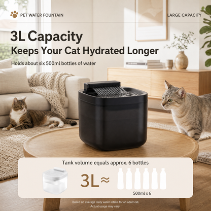 Black Cat Water Fountain 3L,6 Filter included, Wired Pet Water Dispenser for Cats & Small Dogs, Waterfall-Style Quiet Drinking Fountain with Filter, Easy-Clean ABS+PP Bowl, 5V 1A