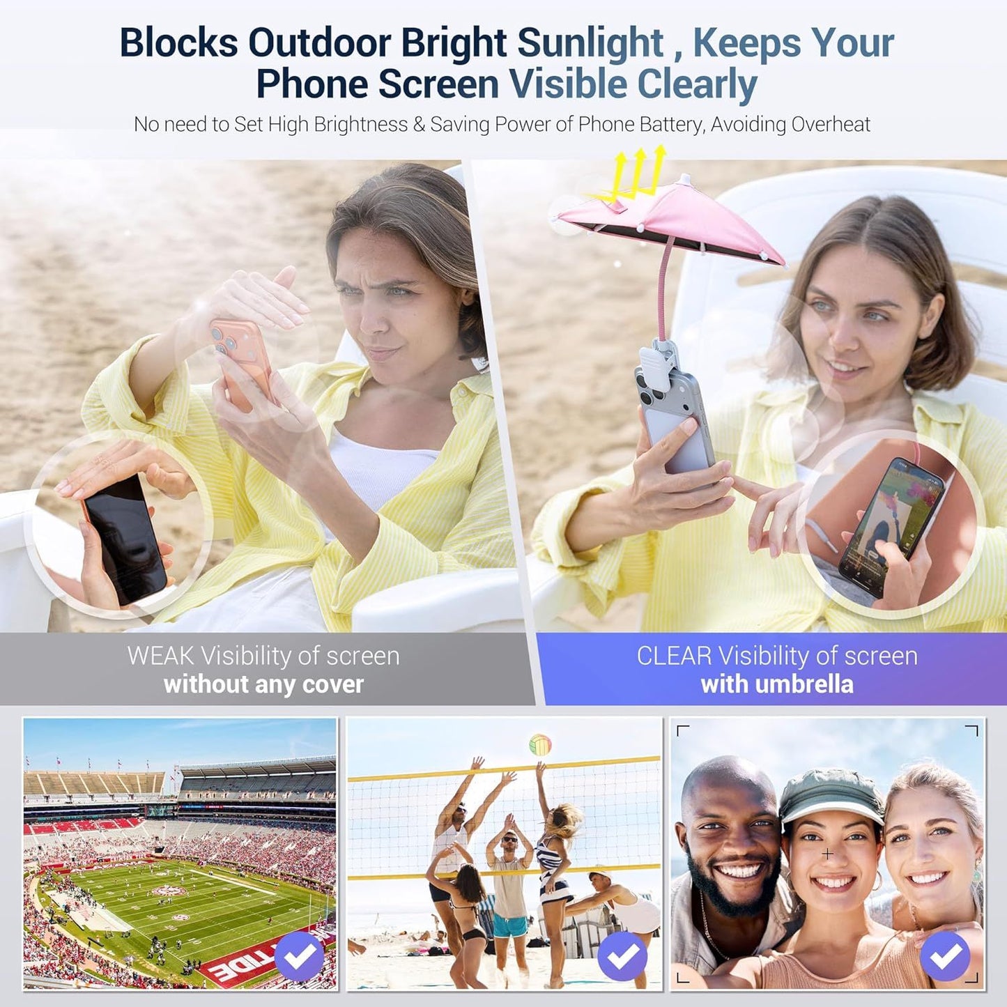 Phone Umbrella, UPF 45+ Clip-On Phone Umbrella Mini Tanning Cellphone Sun Shade Screen UV Protection for iPhone iPad Laptop Kindle Outdoor Travel Beach Pool Gifts Accessories Vacation Essentials