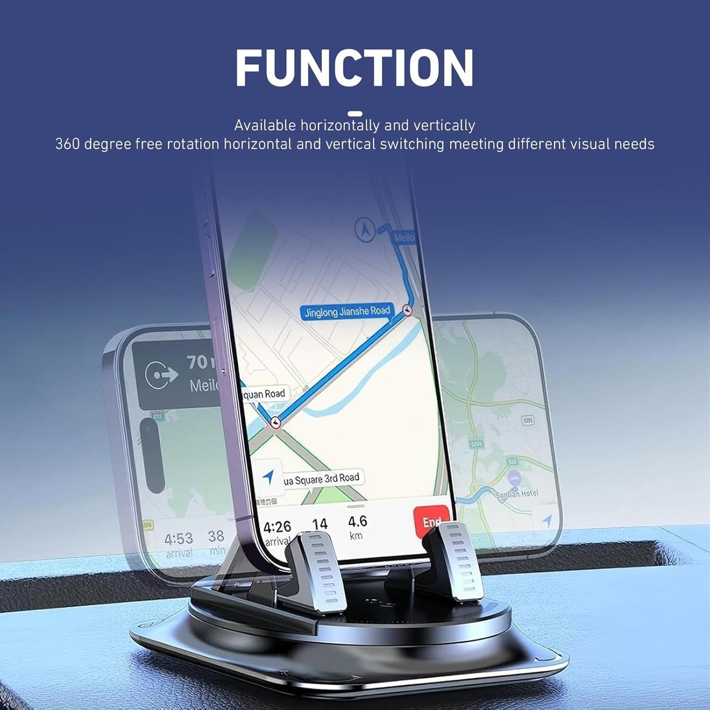 Car Dashboard Phone Holder, Rotatable One-Hand Operation Bracket, Anti-Slip Waterproof Navigation Mount with Strong Suction, Wider Silicone Base for Most Size Phones (Black)