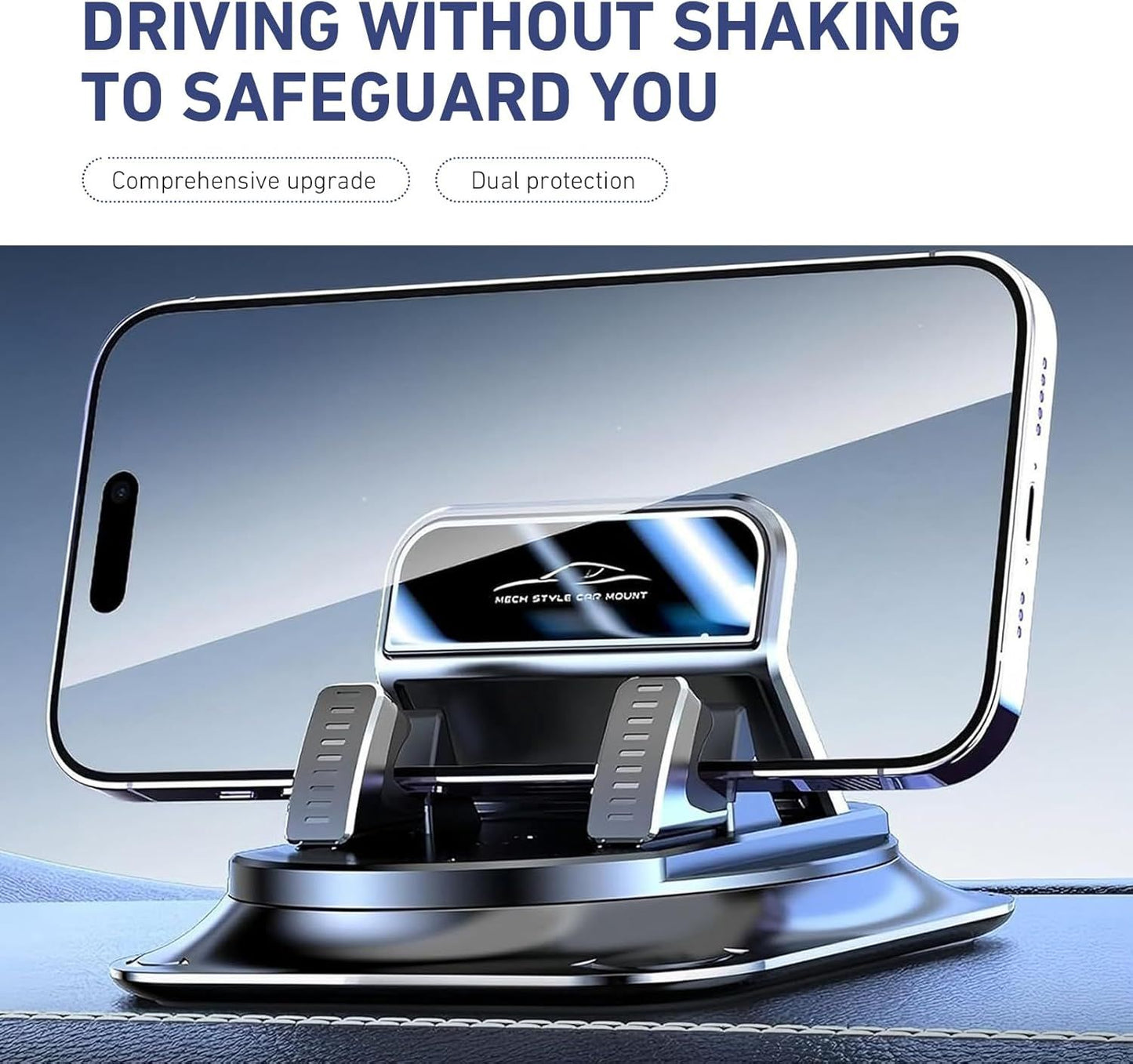 Car Dashboard Phone Holder, Rotatable One-Hand Operation Bracket, Anti-Slip Waterproof Navigation Mount with Strong Suction, Wider Silicone Base for Most Size Phones (Black)