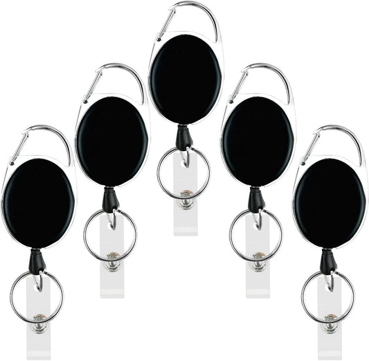 5 Pack Heavy Duty Retractable Badge Reel Id Card Holder with Clip and Key Ring Carabiner Keychain Belt Black Vertical Reels Holders for Nurse Doctor Office Worker Specialist Clear Name