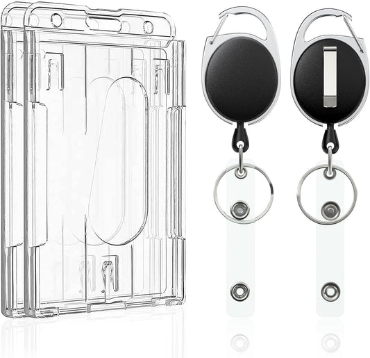 2 Pack Vertical 2-Card Badge Holder with Thumb Slots Hard Transparent PC Case Protector with Retractable Badge Reel Carabiner Clip for IDs Credit Cards Driver’s Licenses and Passes