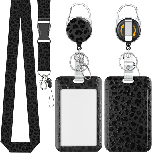 Fashionable Sliding Badge Holder Black Leopard Print Plastic Card Holder with Retractable Badge Reel Carabiner & Detachable Lanyard Vertical Card Protector for Office Worker Teacher Student
