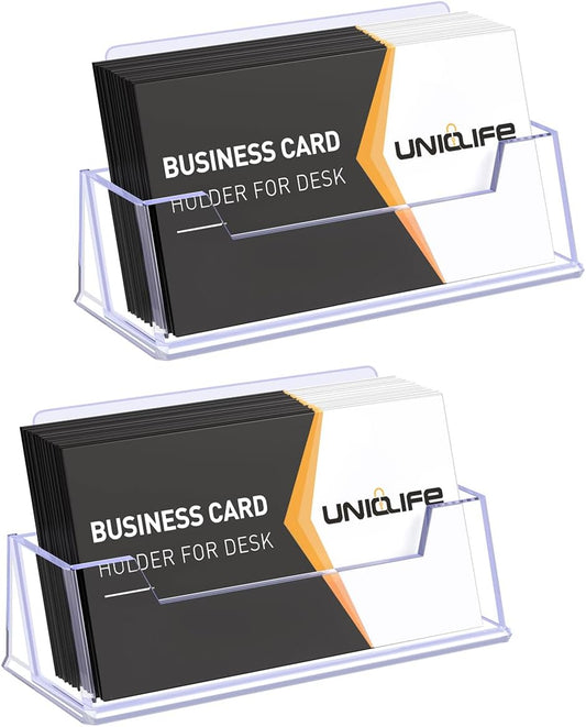 2 Pack Acrylic Business Card Holder for Desk 1 Slot Clear Business Card Display Stand for Men & Women Desktop Business Card Organizer Card Stand for Office Home Exhibition, 60 Card Capacity