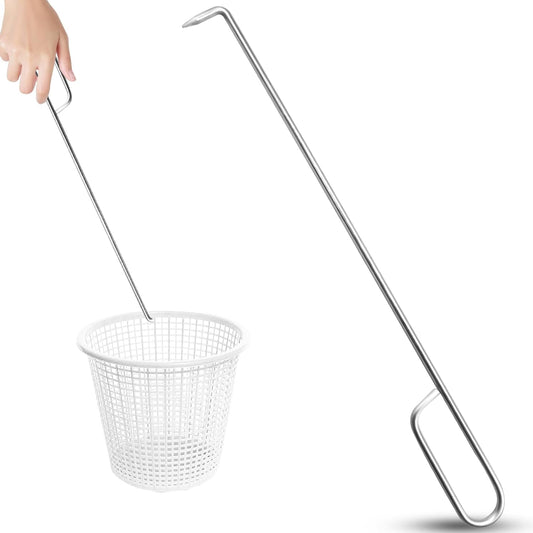 Pool Skimmer Basket Hook Tool, Stainless Steel Pool Skimmer Hook Extended Knee Protection Skimmer Basket Handle for Cleaning Swimming Pool Debris Skimmer Hook, Keep Your Hand Safe Skimmer Basket Hook