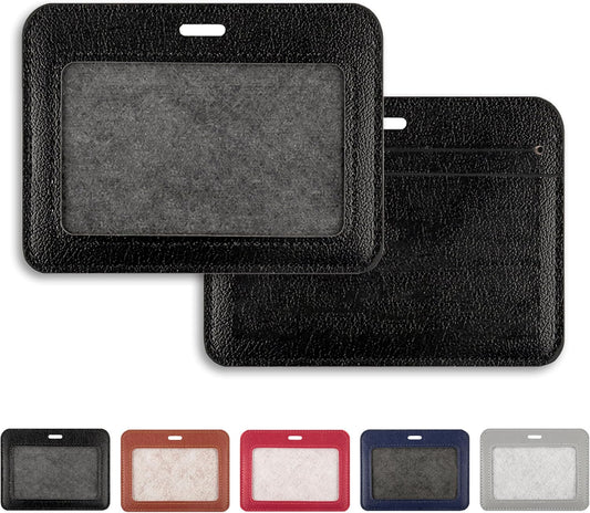 1 Pcs Leather ID Badge Holder - Horizontal, Black, Multiple Card Slots for Offices, Staff, Students, Employees