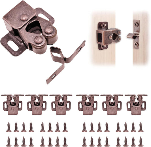 8 Pcs Cabinet Latch Double Roller Catch, Catch Hardware for Cupboard Closet Cabinet Door Latches and Catches, Cold Rolled Steel Cabinet Latches with Spear Strike, Red Bronze