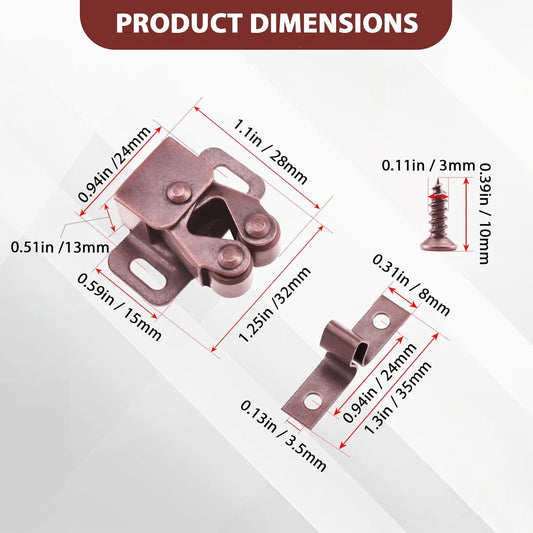 8 Pcs Cabinet Latch Double Roller Catch, Catch Hardware for Cupboard Closet Cabinet Door Latches and Catches, Cold Rolled Steel Cabinet Latches with Spear Strike, Red Bronze