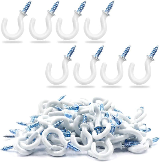 50Pcs 1/2-Inch Cup Hooks Ceiling Hooks, Plastic-Covered Metal Screw-in Hooks, White