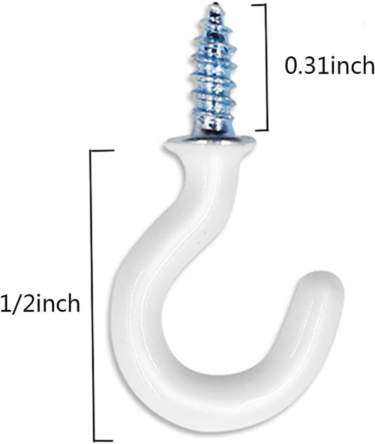 50Pcs 1/2-Inch Cup Hooks Ceiling Hooks, Plastic-Covered Metal Screw-in Hooks, White