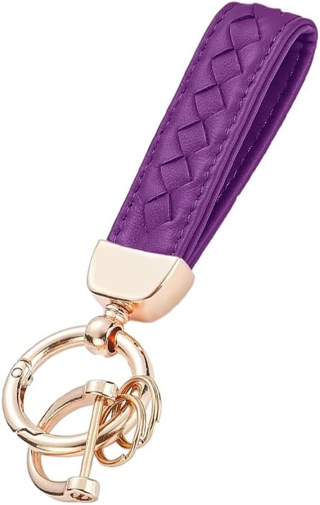Genuine Leather Car Keychain, 360 Degree Rotatable Handmade Knit Sheepskin Keychain, Key Fob Holder with Anti-Lost D-Ring (Purple)