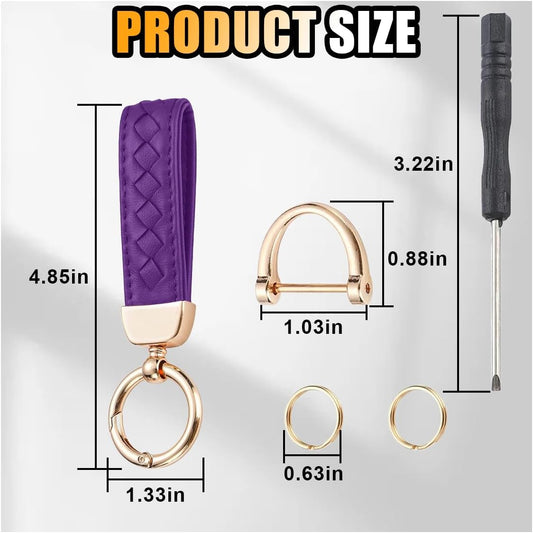 Genuine Leather Car Keychain, 360 Degree Rotatable Handmade Knit Sheepskin Keychain, Key Fob Holder with Anti-Lost D-Ring (Purple)